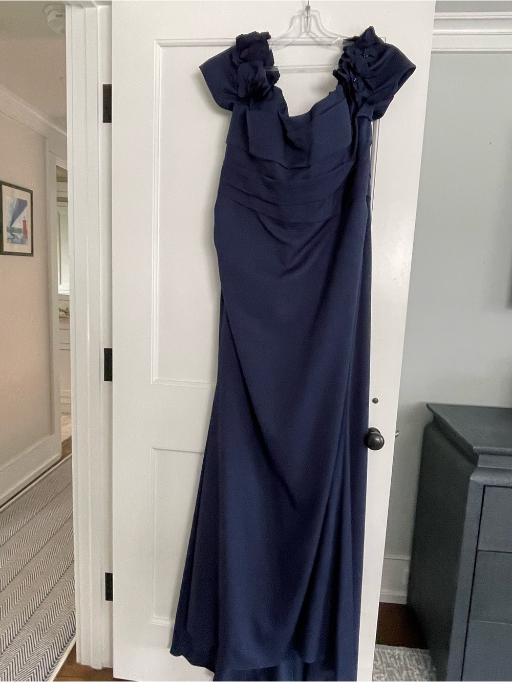 Navy Blue Maxi Dress with Floral Shoulder Detail